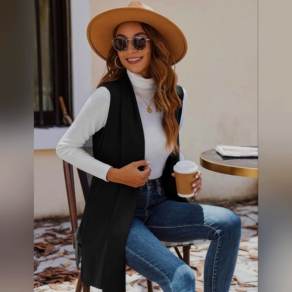 Saks 5th Avenue | Asymmetrical Draped Vest Duster | Black | Size XL - Picture 2 of 15